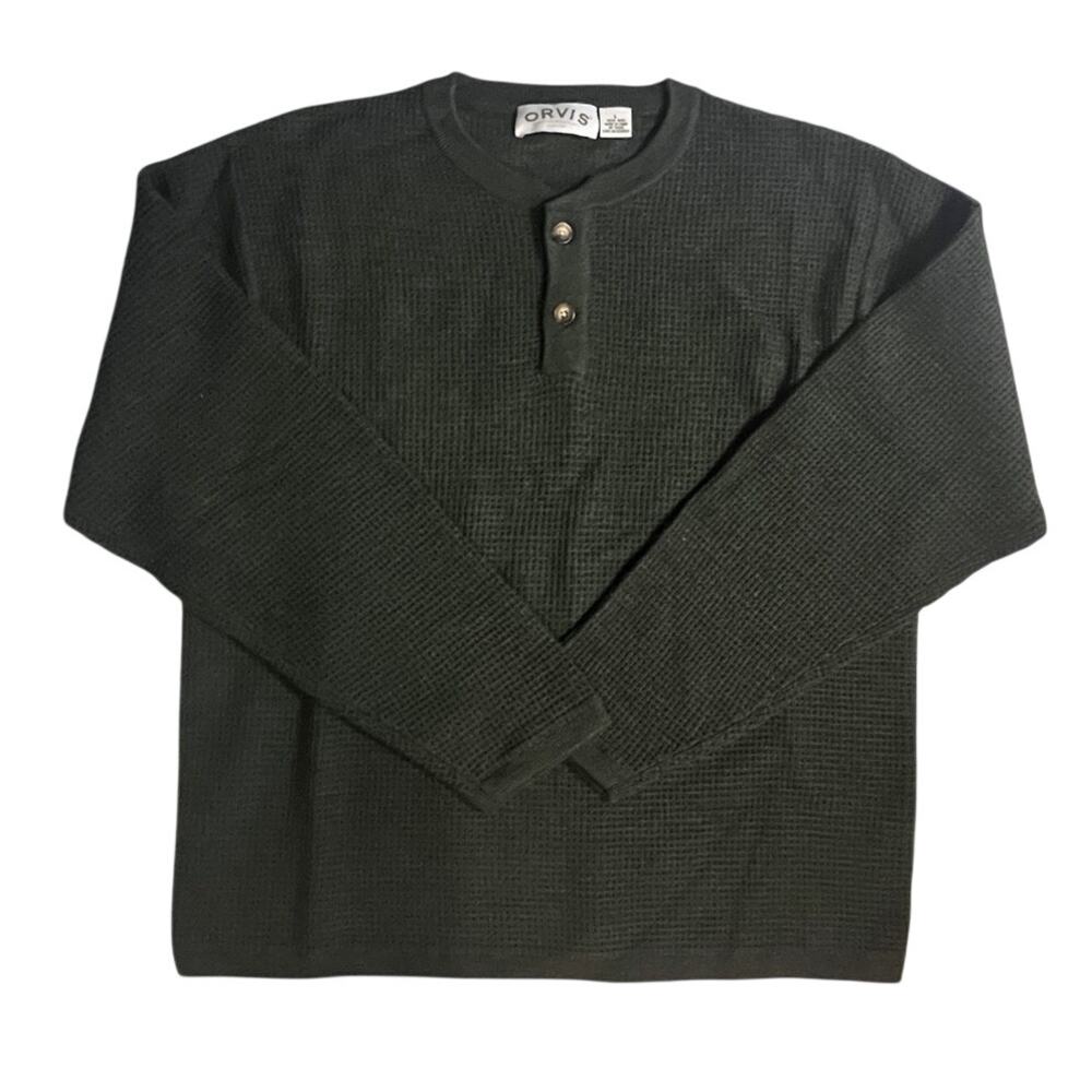 ORVIS Men's Waffle-Knit Henley 100% Wool Sweater - Green - Size: L - Excellent